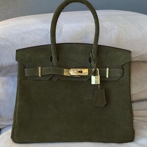 NEW 30cm Army Green genuine leather suede top handle handbag bk30